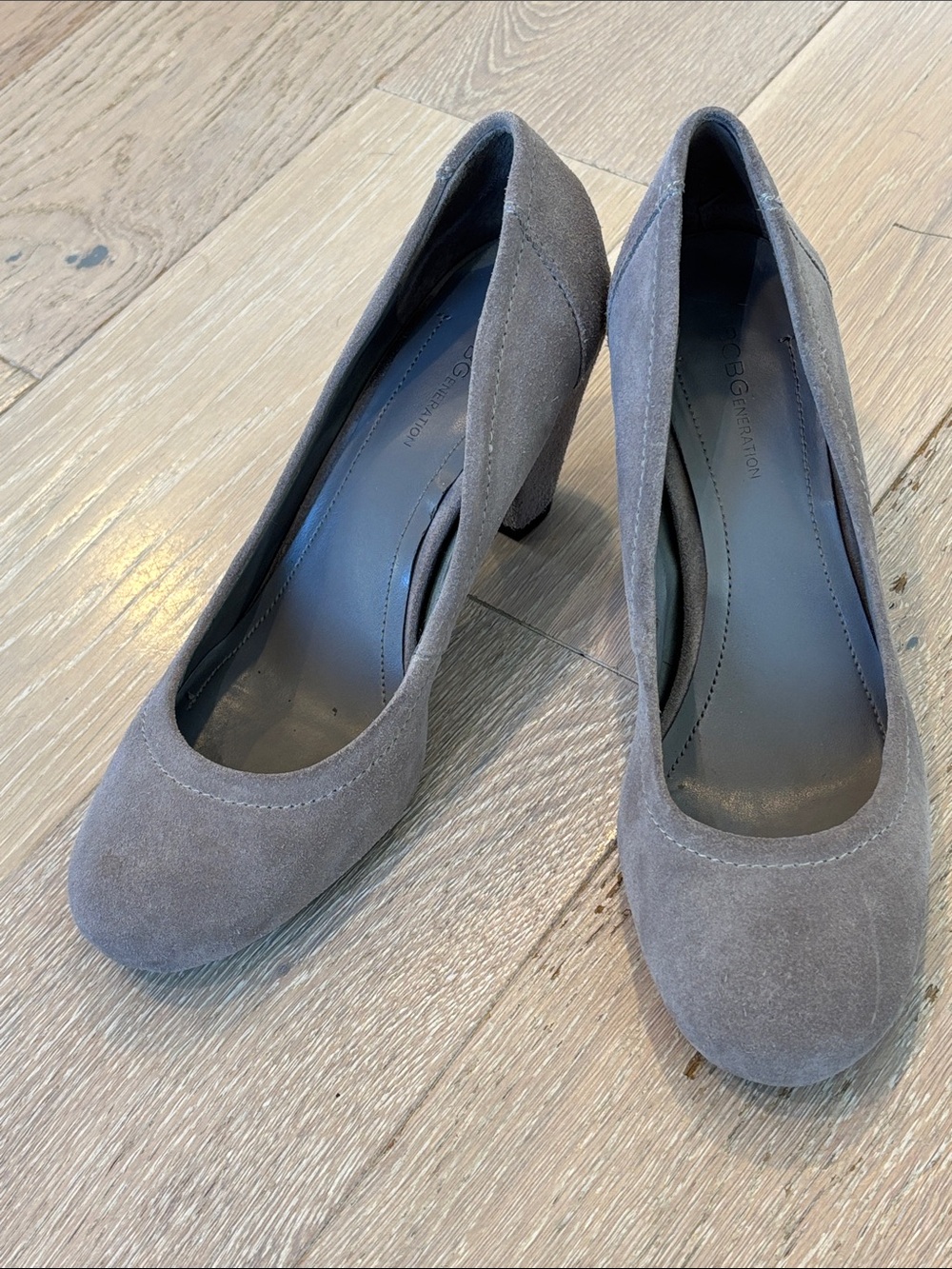 BCBGeneration Gray Suede Round-Toe Block Heel Pumps